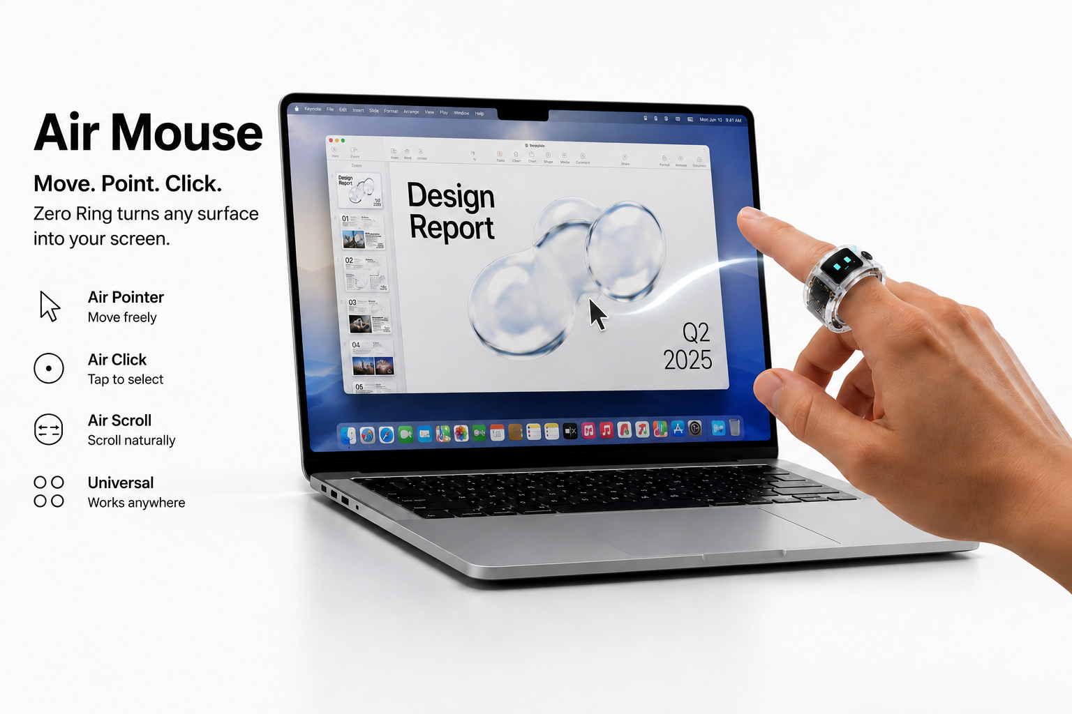 Zero Ring Air Mouse spatial navigation showcasing Move, Point, Click gestures on a laptop